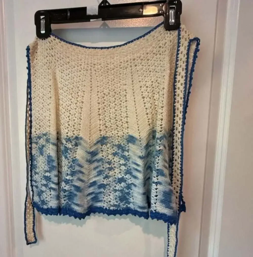 Vintage Handmade Crocheted Half Apron in Blue and Cream